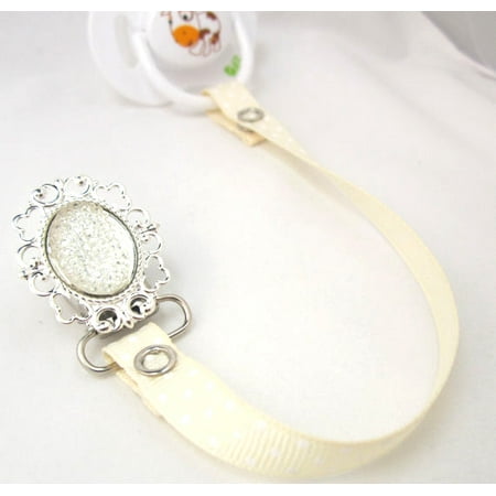 Quilted Crystal on a Silver Tray Pacifier Clip with Polka Dot Ribbon