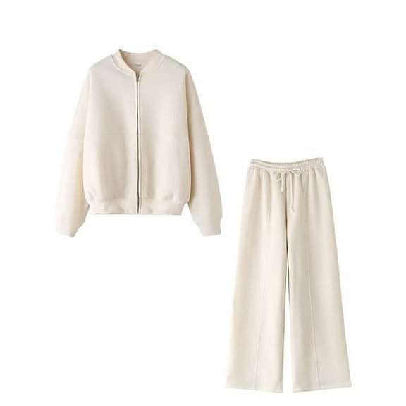 Sets for Women Clothing Two Piece Trendy Solid Color Tracksuits Long Sleeve Zip Up Jackets Wide Leg Sweatpants (Beige L)