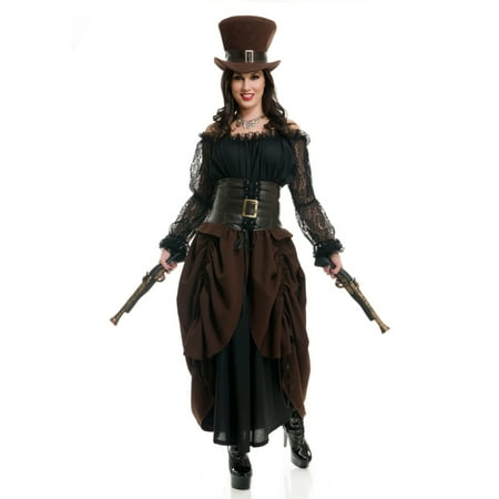 Victorian Steampunk Black Brown Full Length Dress Gathered Skirt Belt