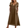 thumbnail image 2 of Tqyyweavej Women's Summer Dresses Pleated Solid Color Short Sleeve Dress Flowy Botton Deep V Neck Maxi Dresses for Women with Pockets, 2 of 9