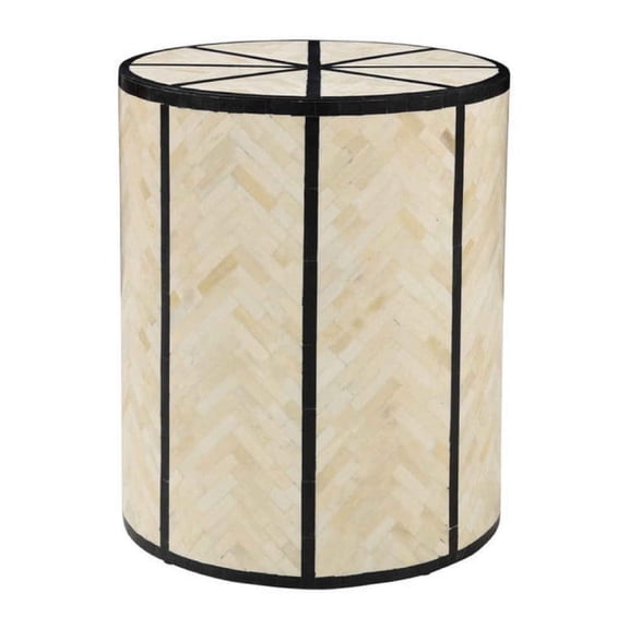 Bone Inlay End Table – Cylindrical Side Table with Herringbone & Black Band Design