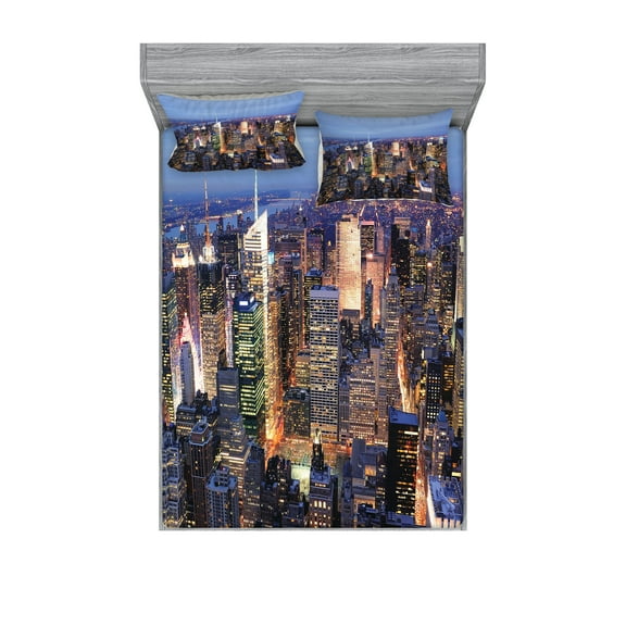 Ambesonne Landscape Fitted Sheet & Pillow Sham Set, Aerial View of NYC, Queen, Blue