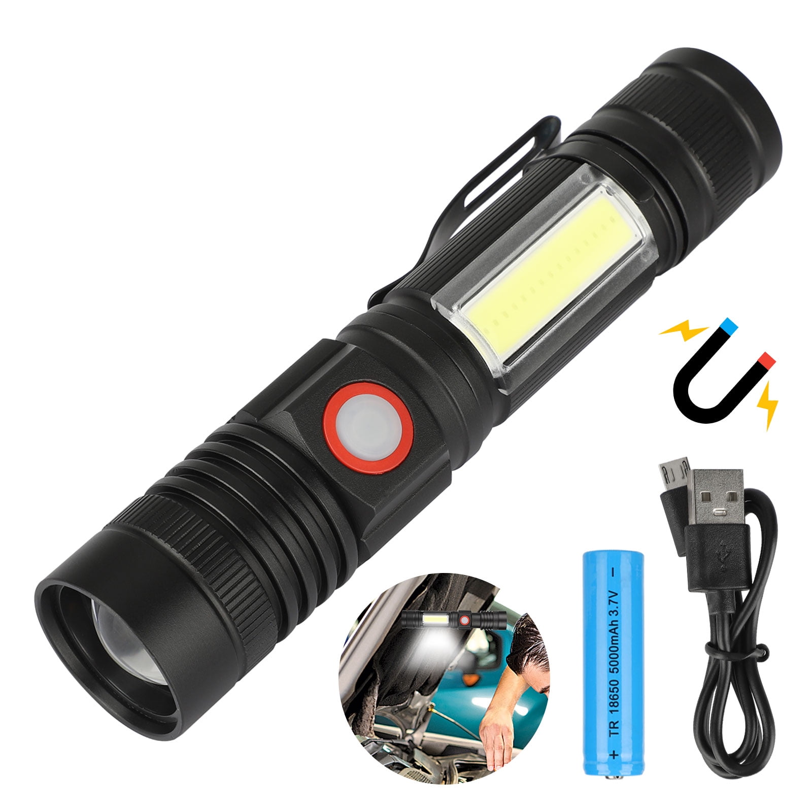 Battery Powered COB LED Magnetic Flashlight Outdoor Pocket Lamp Torch with Hook 