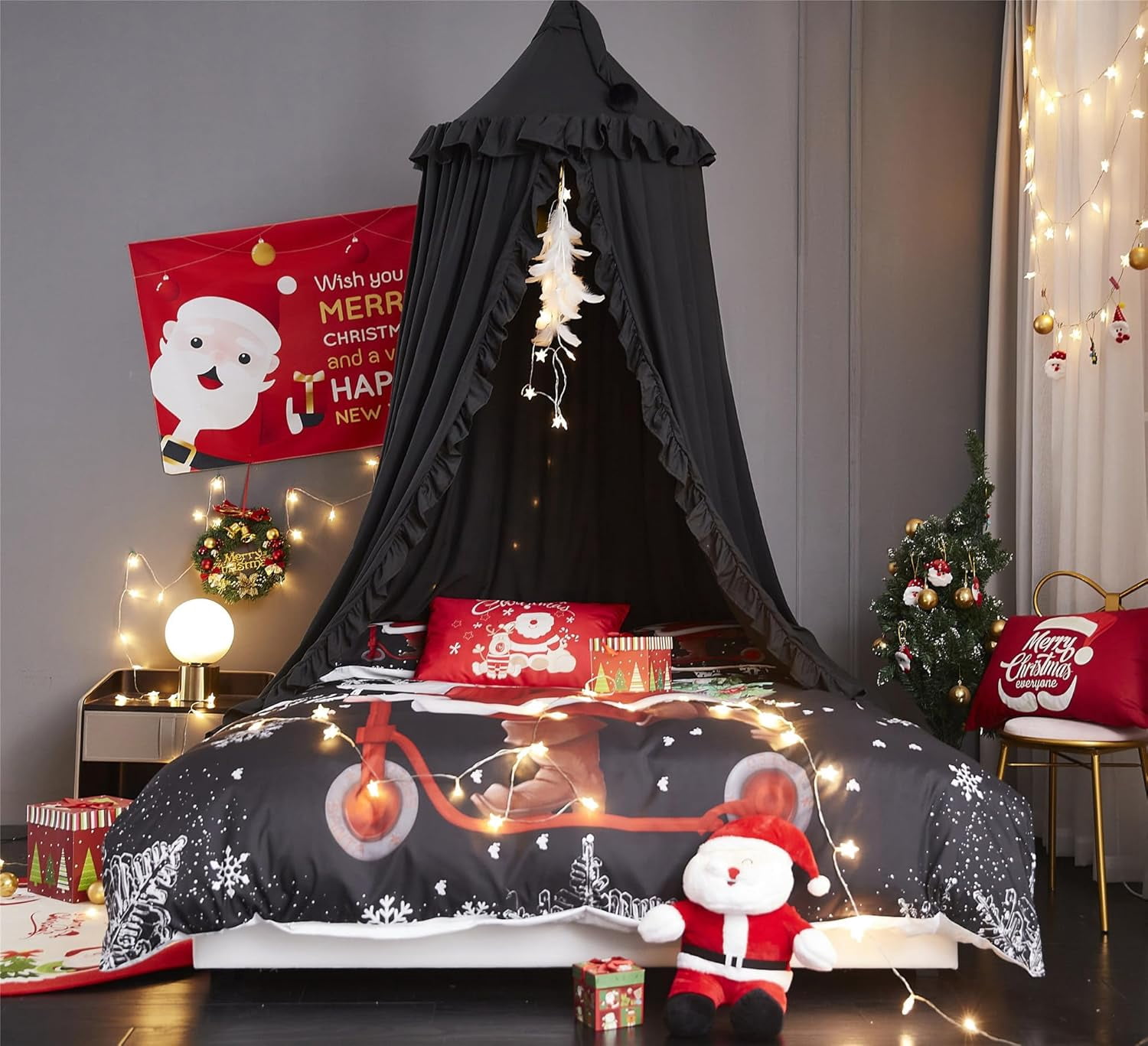 Bed Canopy for Girls,Princess Round Dome Dreamy Mosquito Net Bedding Girls Room Castle Play Tent Hanging House Decor Reading Nook Canopies (Black)