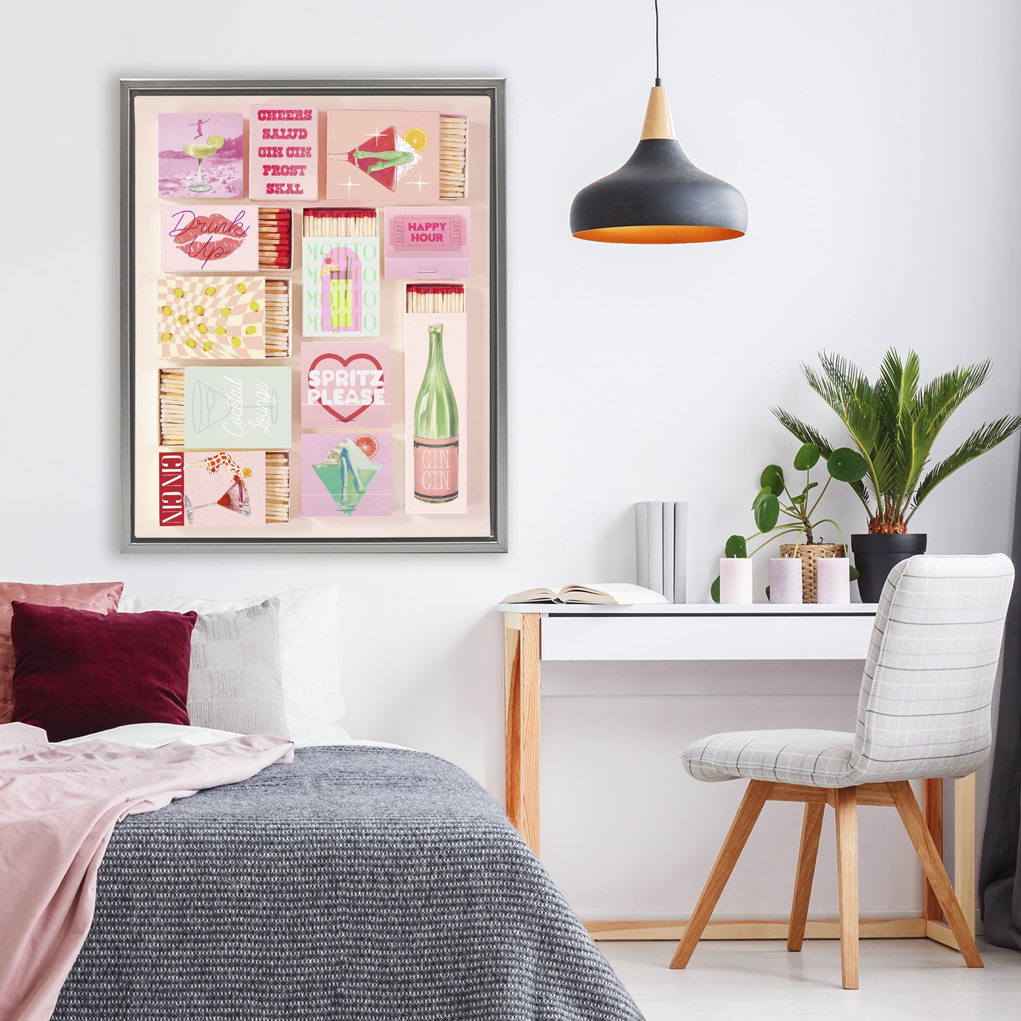 Glam Cocktails Retro Matches Gray Framed Floater Canvas Wall Art, design by Lil' Rue