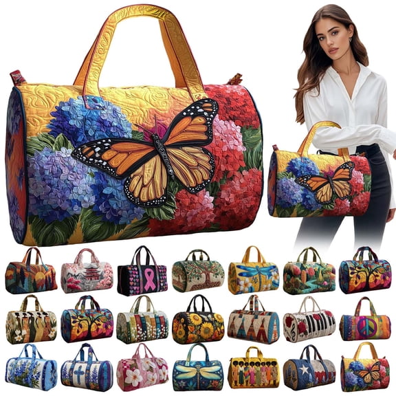 Dwellin Large Quilted Duffle Bag for Women Floral Print Barrel Overnight Weekender Handbag Travel Holiday Top Handle Satchel A-A 16*8*8"