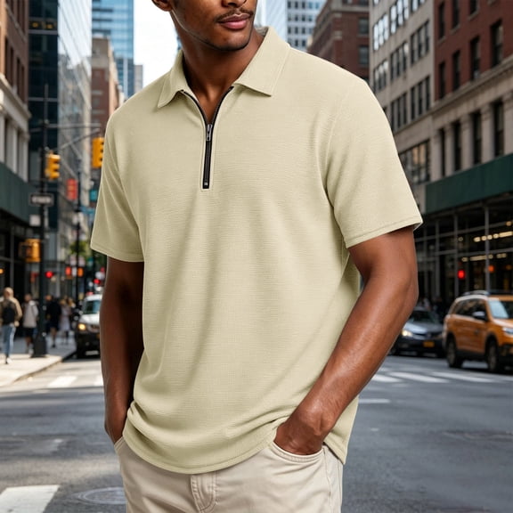 COSFO Waffle Polo Shirt for Men Short Sleeve Golf Shirt Solid Casual Quarter Zip Loose Fit Collared Men's Shirts S