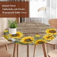 thumbnail image 3 of Sunflowers Retro Round Tablecloth 55-60 Inch Round Fitted Table Cloth with Elastic Edge, Pastoral Floral Wooden Planks Farmhouse Waterproof Table Cover Protector for Outdoor Picnic Party Dining, 3 of 6