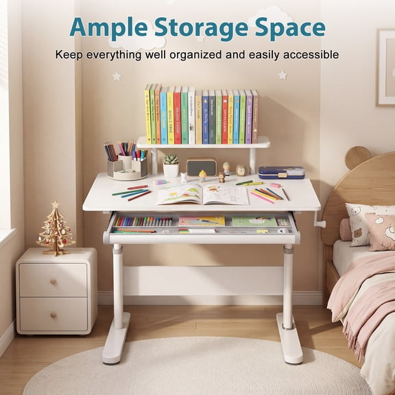 Anvazise White Kids Desk with Bookshelf Hutch,Height Adjustable Desk with Tilting Desktop,39 Inch Wide Children Study Table,Child Computer Desk