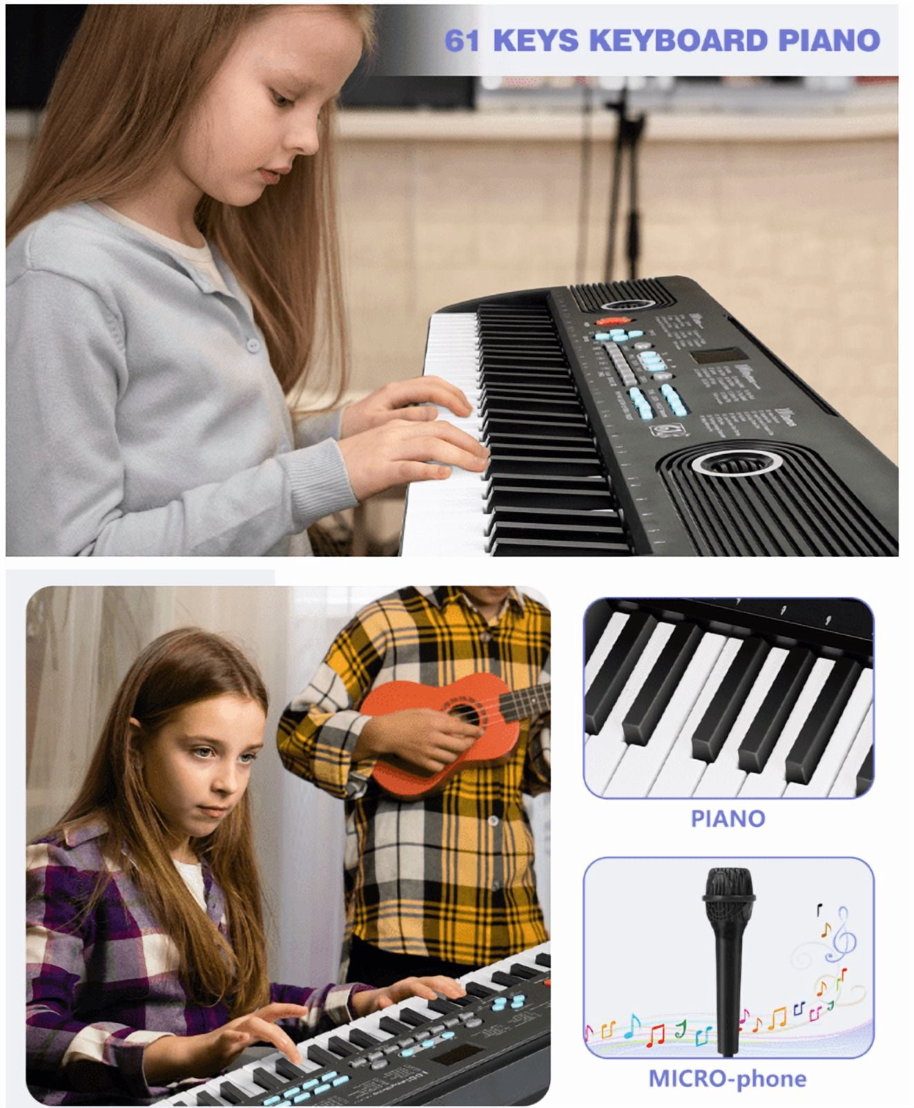 TIANLAIMEI 61 Keys Electric Digital Piano 100 Tones Eectric Keyboard Built-in Microphone with Stand for Beginners Kids Musical Instruments Gifts, Black