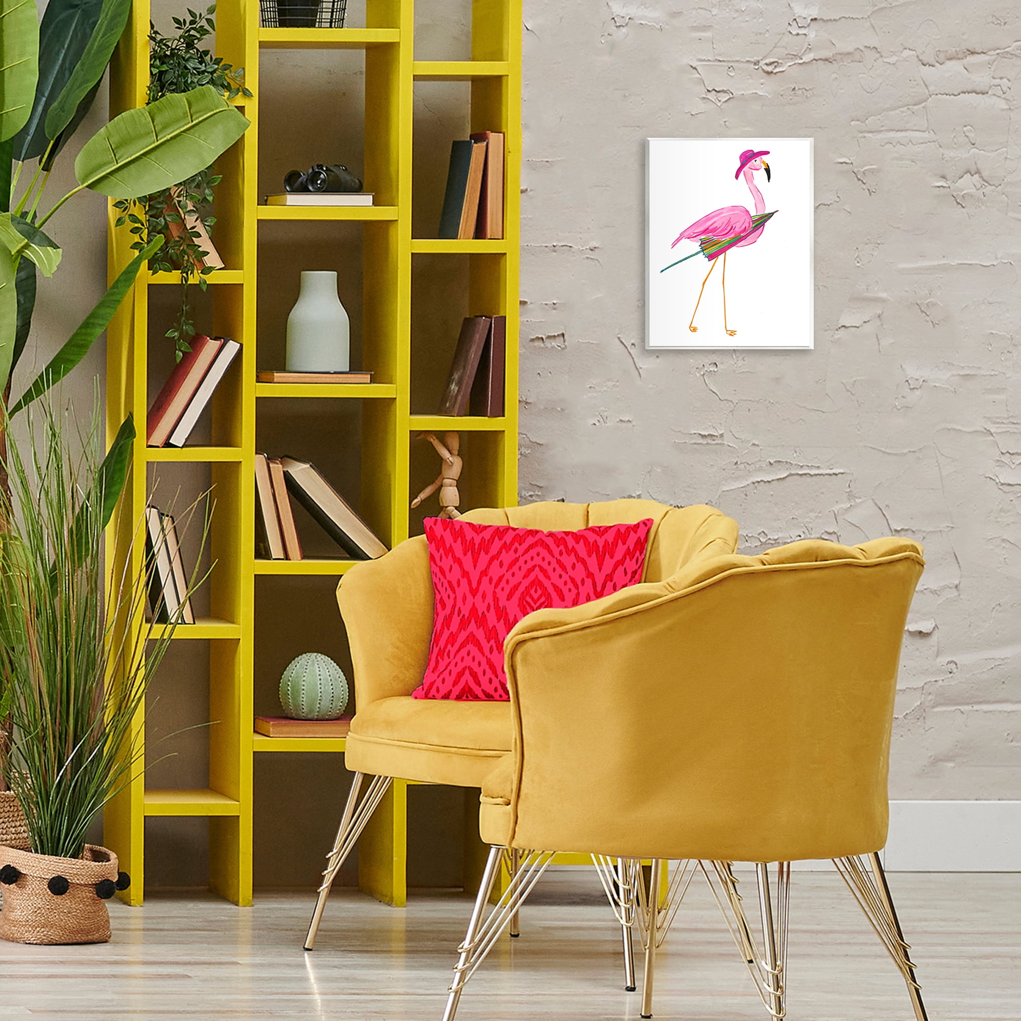 Stupell Industries Flamingo with Beach Umbrella Animals & Insects Painting Unframed Art Print Wall Art, 11 x 14
