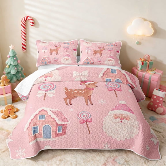 Manfei Santa Twin Quilt Set Christmas Twin Coverlet Set, Gray Red 2-Piece 1 Bedspread and 1 Pillowcase