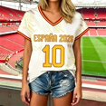 thumbnail image 2 of Women V Neck Short Sleeve T-Shirt, Spain 2026 Soccer Themed Graphic Tee, Bull & Football Pattern Patriotic Top, Breathable Casual Fan Apparel for Match Viewing, Sports Events & Daily Street Wear, 2 of 4