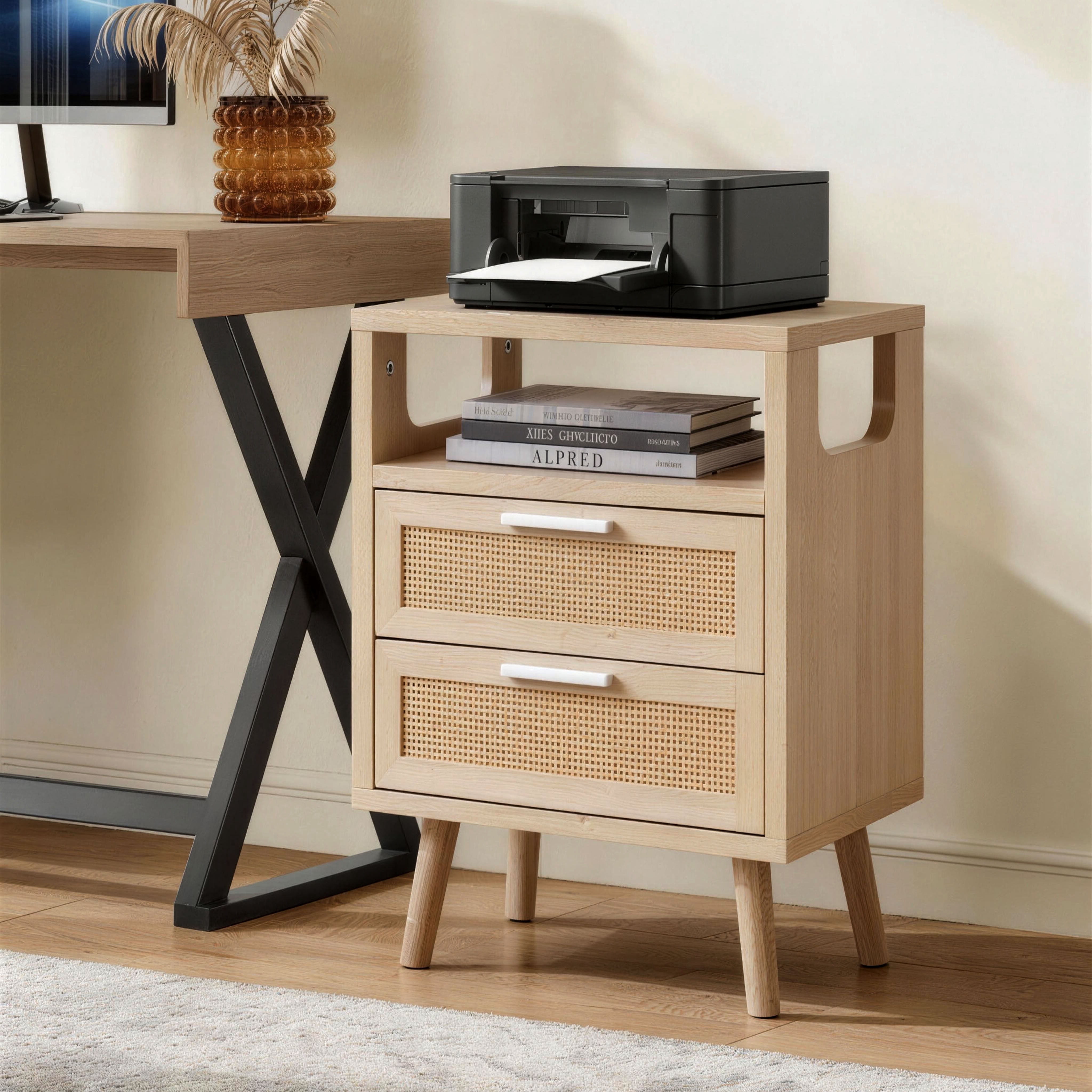MAYEERTY Set of 2 Rattan End Tables with 2 Drawers and Open Shelf, Modern Wood Side Table with Tapered Legs, for Living Room Bedroom Small Spaces
