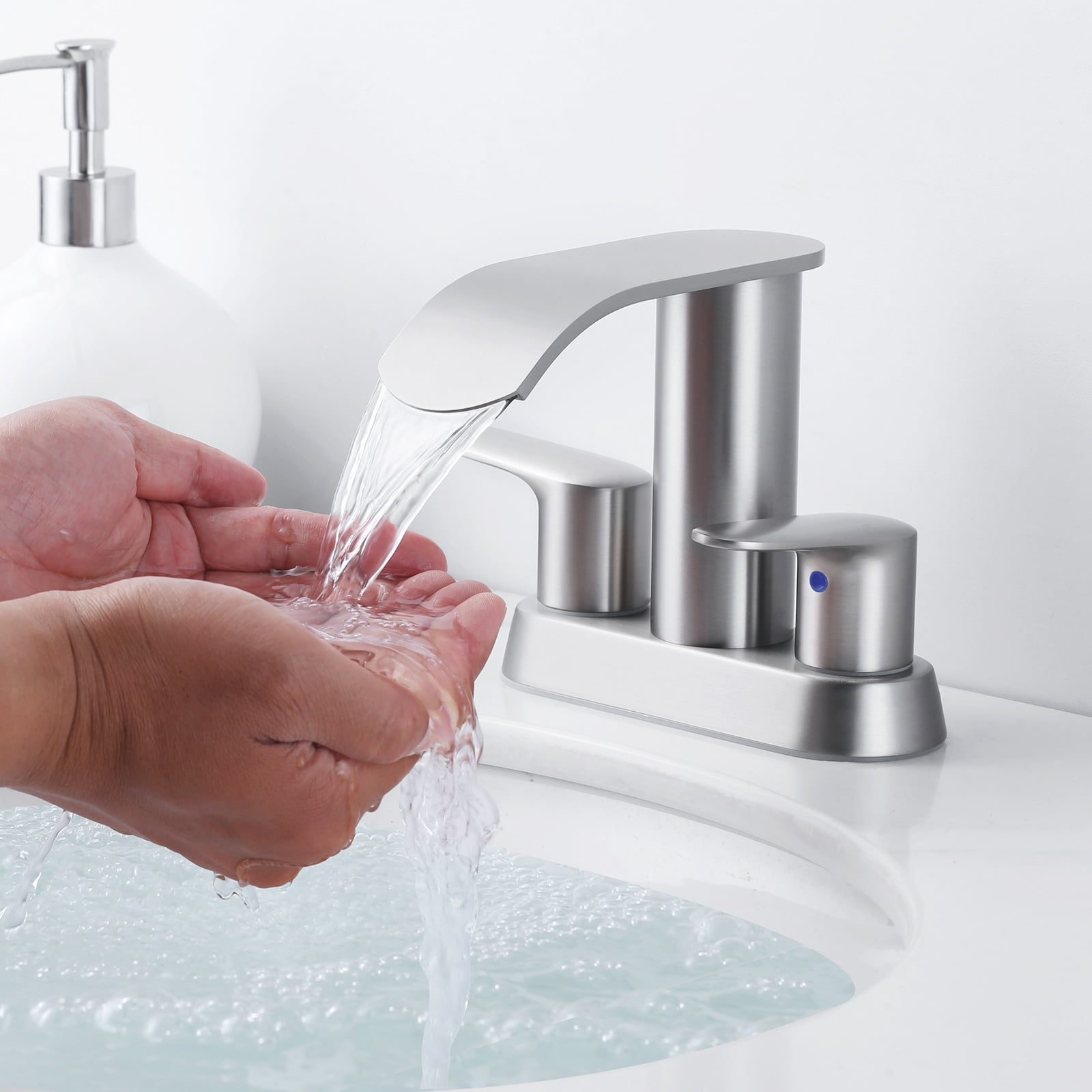 WOWOW 4 inch Brushed Nickel 2-Handle Bathroom Sink Faucet with Pop-up Drain - Lead-Free Stainless Steel Centerset Faucet for Vanity, RV, Waterfall Bathroom Sink Faucet