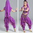 thumbnail image 4 of Fozruso 2 Piece Outfit Sets Girls Dance Outfits PerFormance Set With Glitter Short Sleeves Long Pants Waist Chain Scarf Necklace For Stage Show Summer Ages 3 12 Years,11-12 Years(Purple), 4 of 4