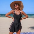 thumbnail image 6 of One Piece Swimsuit Women Tummy Control Modest Bathing Suits Color Block Scoop Neck Skirt Swim Dress Swimwear Leopard Print M, 6 of 7