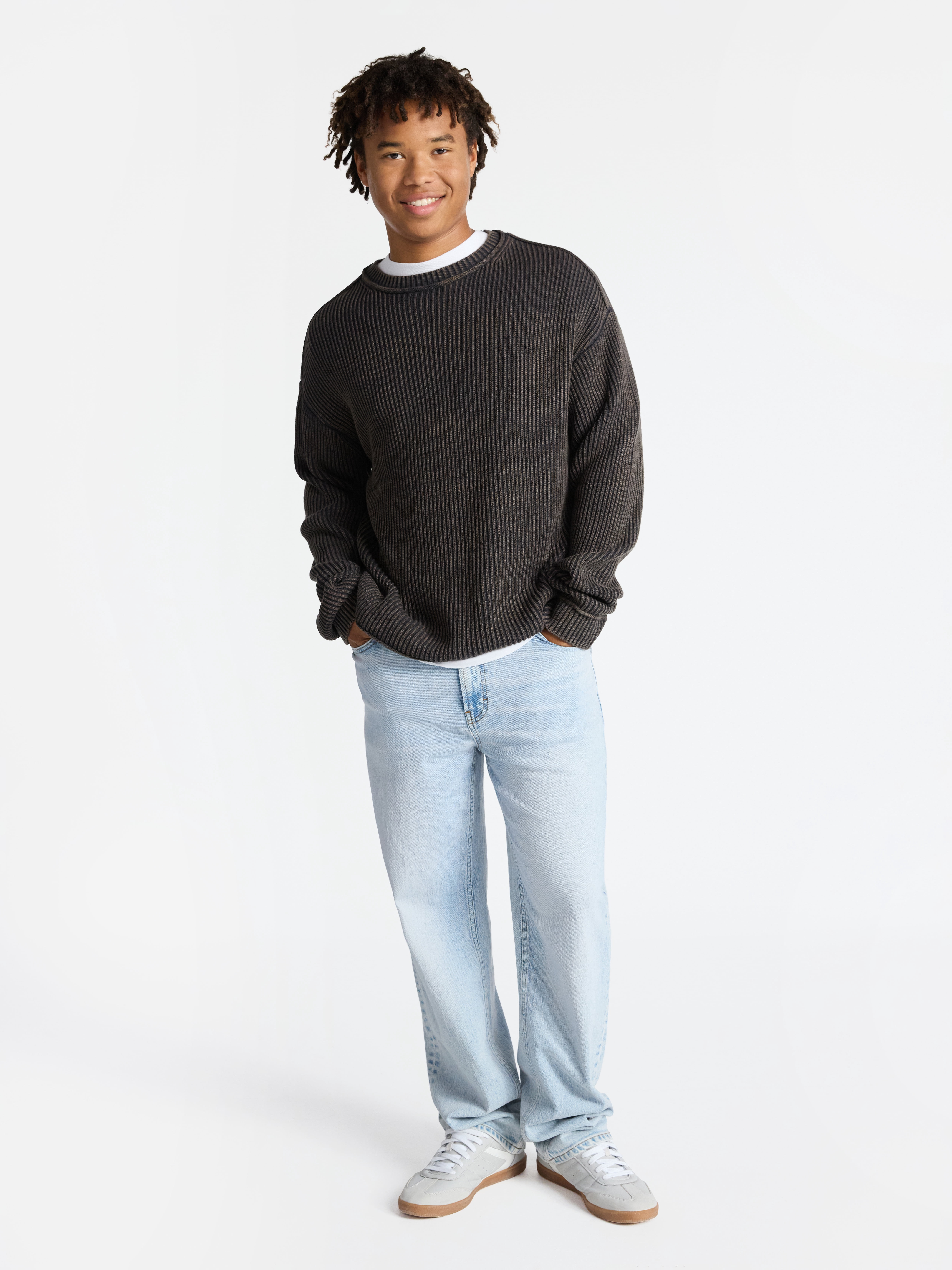 No Boundaries Ribbed Crewneck Sweater with Long Sleeves, Men's XS-3XL