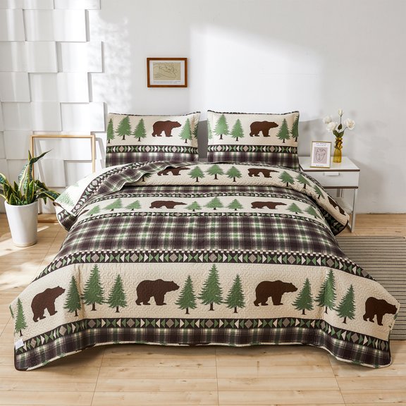 Jessy Home Rustic Quilts Queen/Full Green Plaid Bear Bedspread Microfiber Coverlet Set