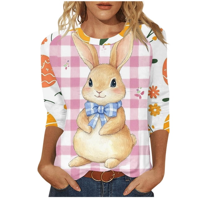 ZVAVZ Hauts à Manches 3/4 pour Femmes pour Pâques, T-Shirts à Col Rond Imprimés Rétro Mode pour Femmes, Vêtements Mignons Décontractés en Liquidation Rose 3TG