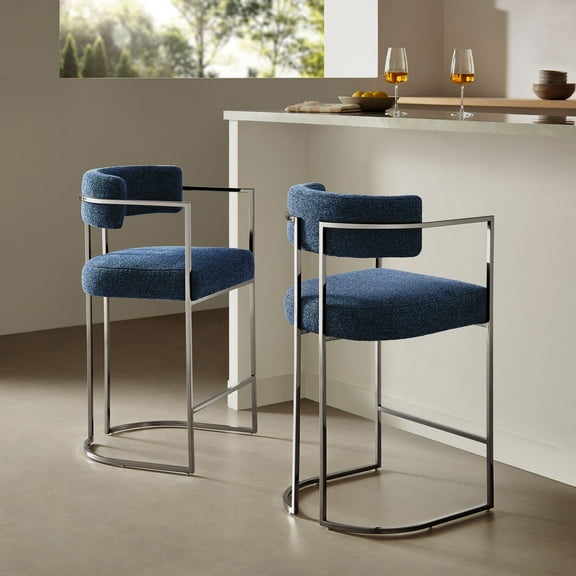 Modway Huron Curved Back Fabric and Metal Counter Stool in Silver Navy