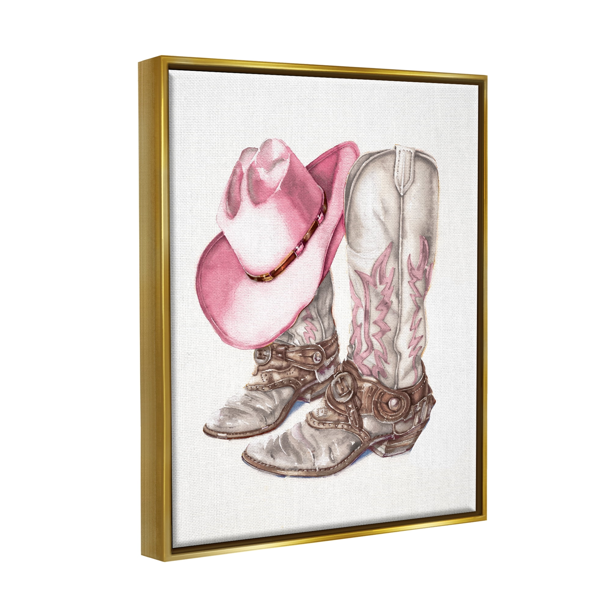 Stupell Industries Pink Glam Cowgirl Boots Beauty & Fashion Painting Gold Floater Framed Canvas Art Print Wall Art, 17 x 21