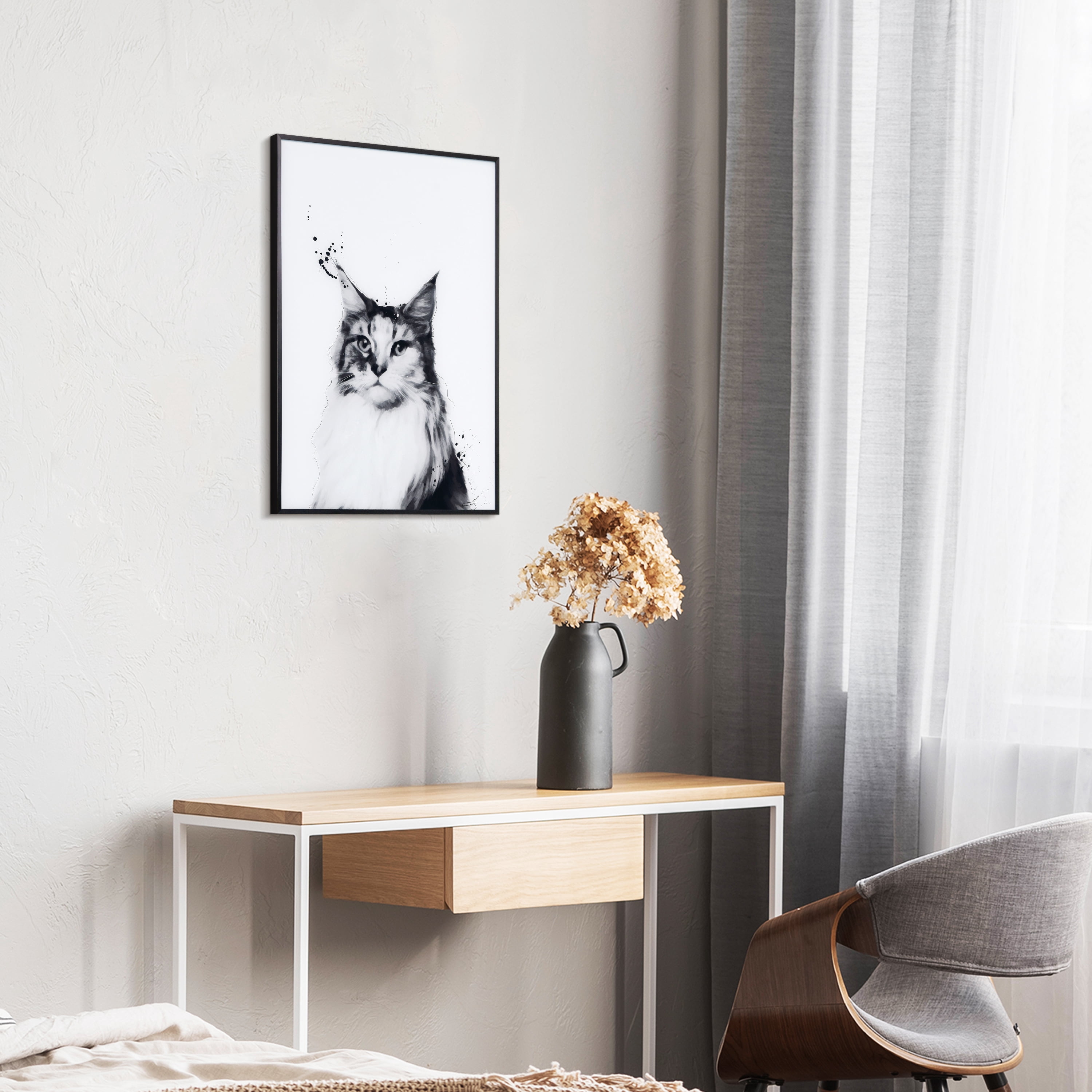 "Siberian Cat" Black and White Pet Portraits on Reverse Printed Art Glass, Minimally Encased on Black Anodized Aluminum Frame