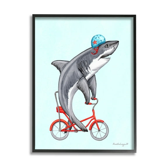 Stupell Industries Great White Shark On Red Bicycle Blue Helmet Graphic Art Black Framed Art Print Wall Art, Design by Amelie Legault