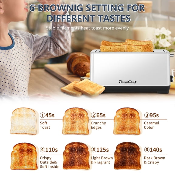 Anwickjeff  Long Slot 4 Slice Toaster 1600W, for Bagels & Waffles, 6 Browning Levels, 4 Basic Functions & Removable Tray, Kitchen Gadgets, Silver
