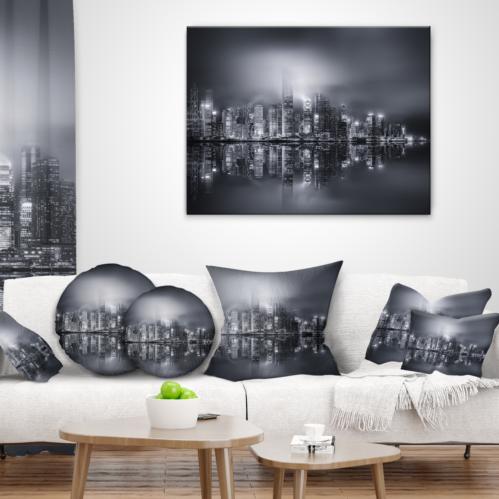 Designart Hong Kong Black and White Panorama - Cityscape Throw Pillow - 16x16
