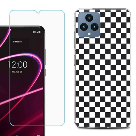 OneToughShield ® for T-Mobile Revvl 6x 5G Shockproof Phone Case, with Tempered Glass Screen Protector - Checker B/W
