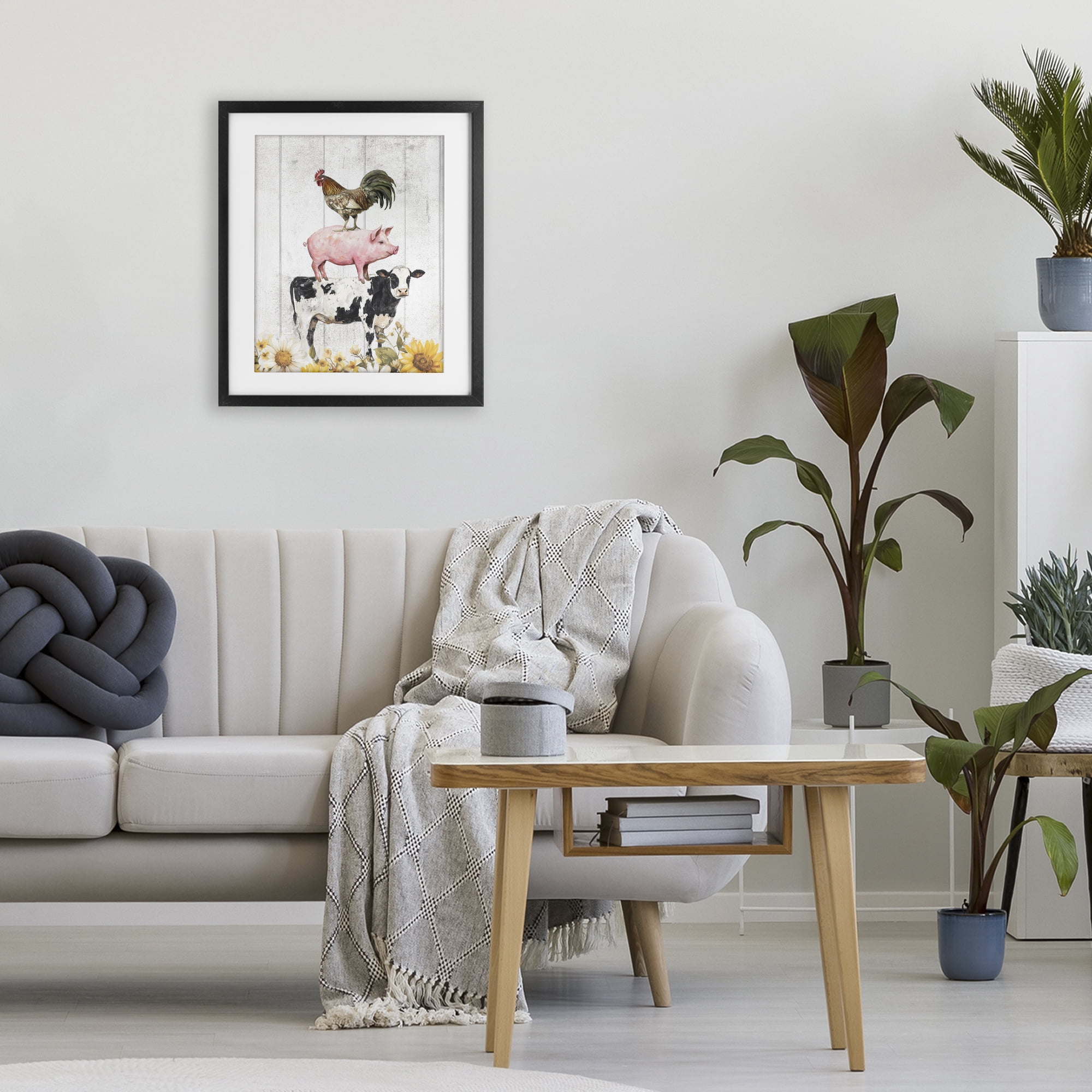 Stupell Industries Farm Animal Stack and Sunflowers Black Framed Print Under Glass, design by Christine Simpson Art