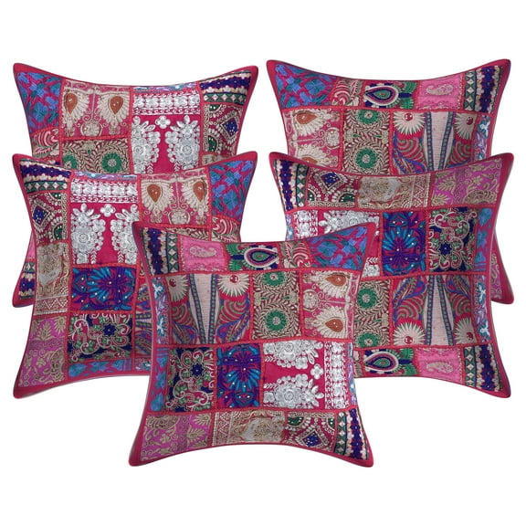Stylo Culture Ethnic Cotton Home Decor Throw Pillow Covers Dark Pink 16x16 Bohemian Vintage Patchwork Ethnic Sofa Cushion Covers 40 x 40 cm Living Room Floral Square Pillow Cases | Set Of 5