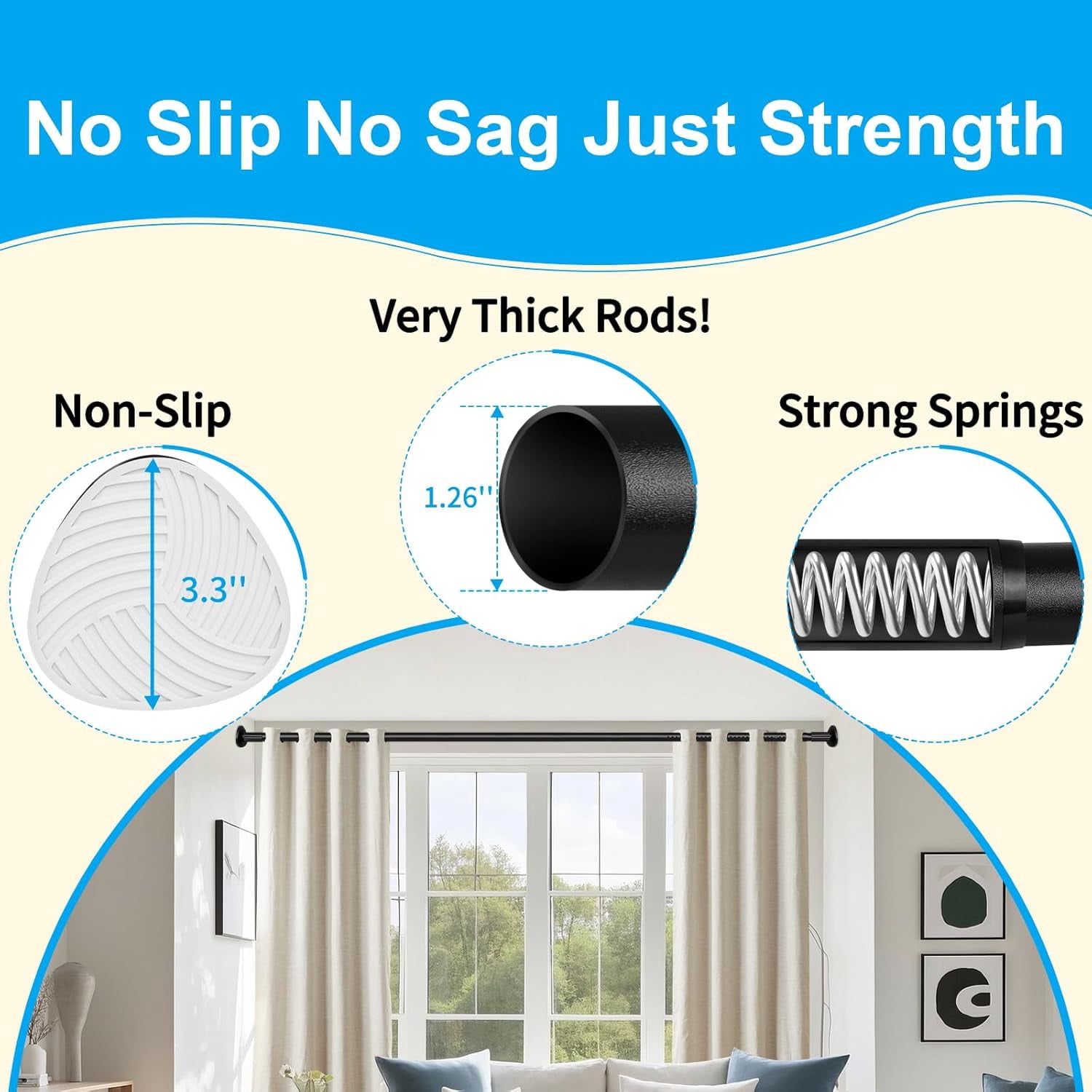 Tension Curtain Rod 51-86 Inch, Curtain Rod No Drilling for Window or Bathroom Closet, Outdoor Curtain Rods for Patio Tension Rod, Easy to Install, Never Rust, Rod Diameter 1.26 Inches - Black