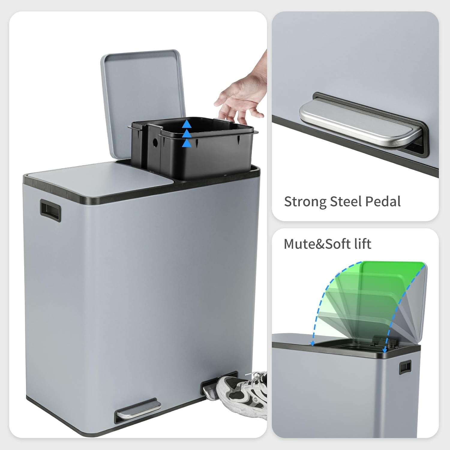 Arlopu 2 x 8 Gallon Dual Garbage Can Stainless Steel Kitchen Step Trash Can, Recycle Dustbin with Soft-Close Lid