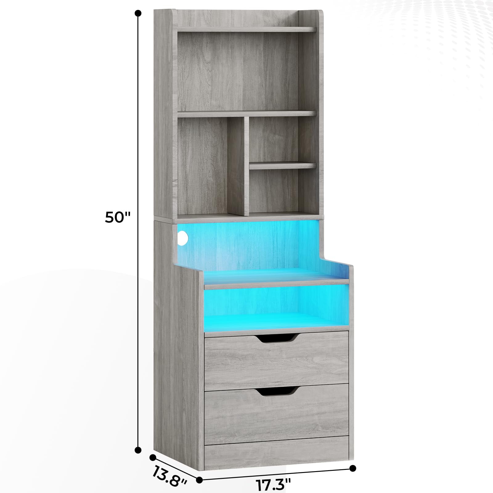 Afuhokles Tall Nightstand with Charging Station and LED Lights, Night Stand with Bookshelf,Bedside Table with Drawers, Gray