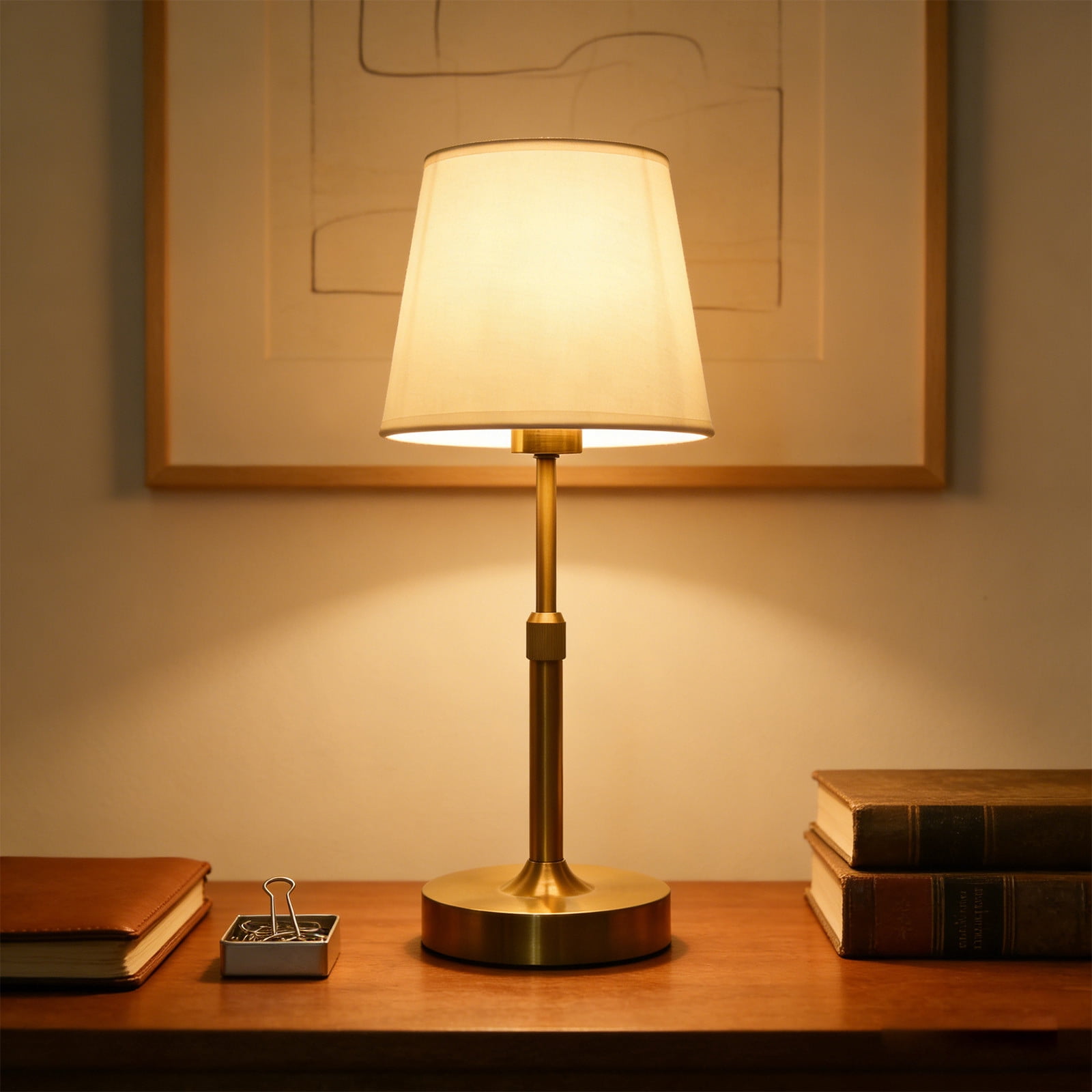 Fabric Metal Adjustable Table Lamp with Telescopic USB Brightness,Stylish Bedside and Desktop Lamp for Home Office Decor,Flameless Safe Lighting for Bedroom Living Room and Holiday Ambiance-Gold