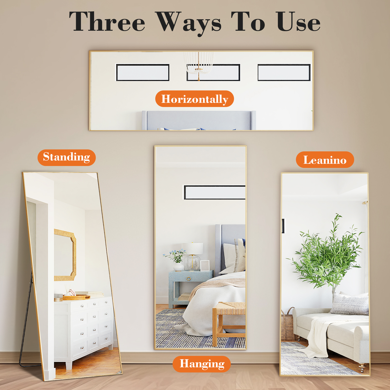 Gianna 65"x24" Full-Length Mirror with Aluminum Alloy Frame, Standing Design for Bedroom, Gold