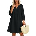 thumbnail image 2 of Guieoi Trendy Long-Sleeve V-Neck Cotton-Linen Dress with Wide Hem Black S, 2 of 8