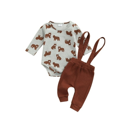

hirigin Baby Boys 2 Pcs Outfits Cartoon Bear Print Romper with Suspender Pant