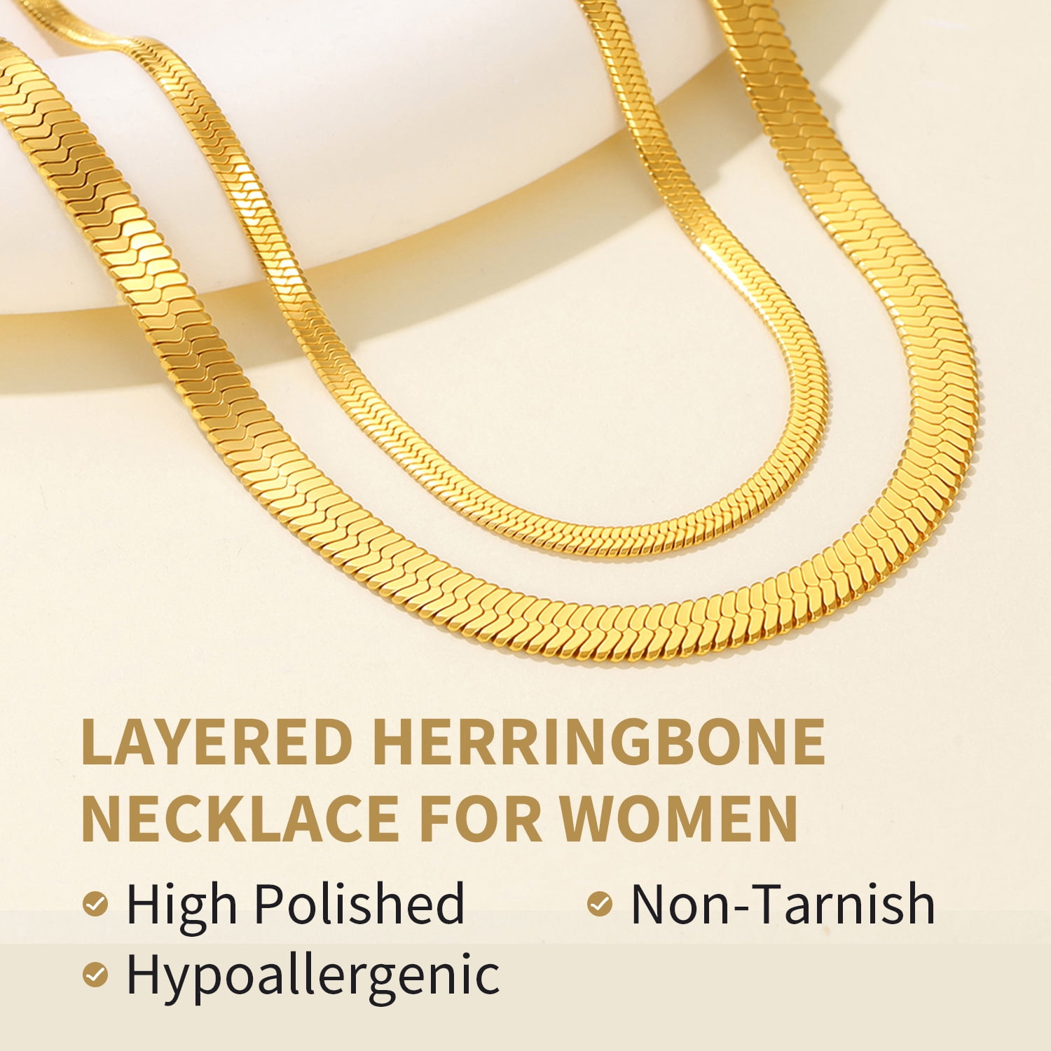 FindChic 2pcs 14K Gold Plated Necklaces for Women Layered Herringbone Choker Snake Chain Birthday Mothers Day Jewelry Gifts Her Mom Wife Lady Female Adults Age Ideas, 3mm & 5mm