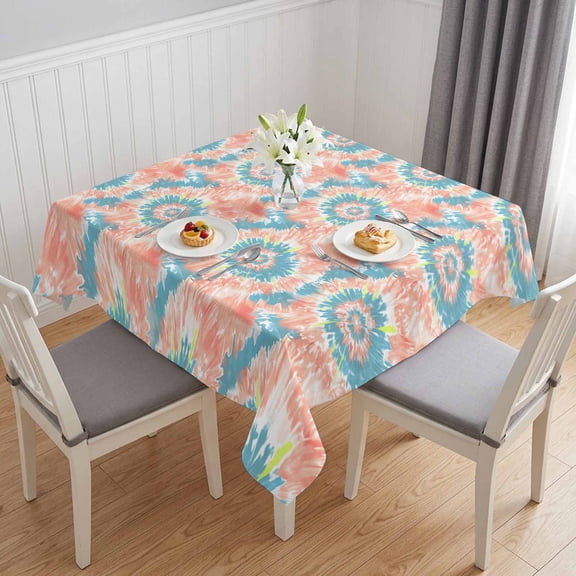Teal Orange Table Cloth Waterproof Tablecloths, Modern Tie Dyeing Contemporary Abstract Art Tablecloth Dining Table Cover for Kitchen Party Tabletop Outdoor, Square Tablecloth 60x60 Inch