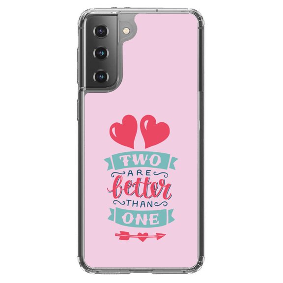 DistinctInk Clear Shockproof Hybrid Case for Galaxy S21  PLUS 5G (6.7" Screen) - TPU Bumper, Acrylic Back, Tempered Glass Screen Protector - Hearts - Two Are Better Than One