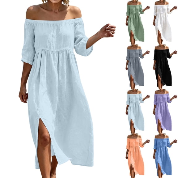 Women's off-the-Shoulder Cotton Linen Blend Dress Short Sleeve Lace Trim Casual Midi Dress with Side Slit for Summer Beach Vacation Light Blue XL(XL)