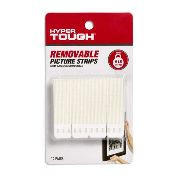 Hyper Tough Large Removable Adhesive Strips, Hanging Strips for Hanging Small Pictures, 5 lbs Capacity, White, 12 Pairs