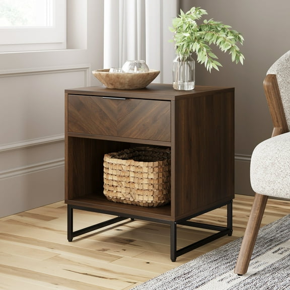 Nathan James Kensi Walnut Rustic Nightstand Black Matte Metal Base with Open Cubby for Storage and Drawer