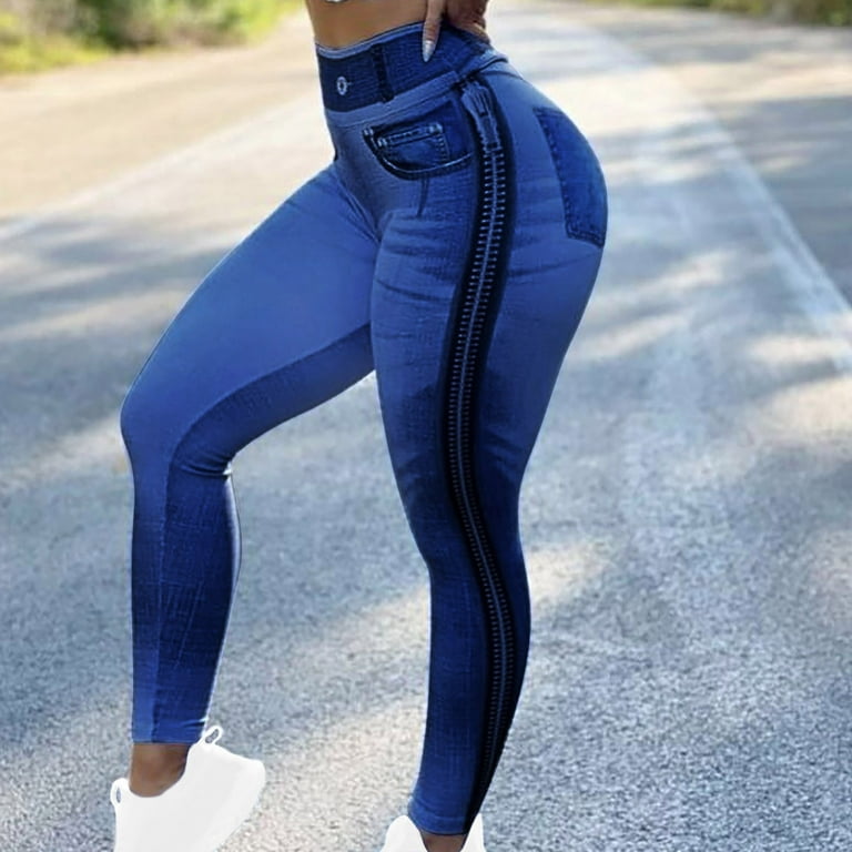 Jean Look Leggings For Women High Waist Tummy Control With Back Pockets,  Denim Printed Fake Jean Leggings, Seamless