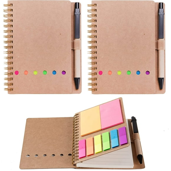 WILFANS 2 Packs Spiral Notebook Steno Pads Lined Notepad with Pen in Holder, Sticky Notes, Page Marker Colored Index