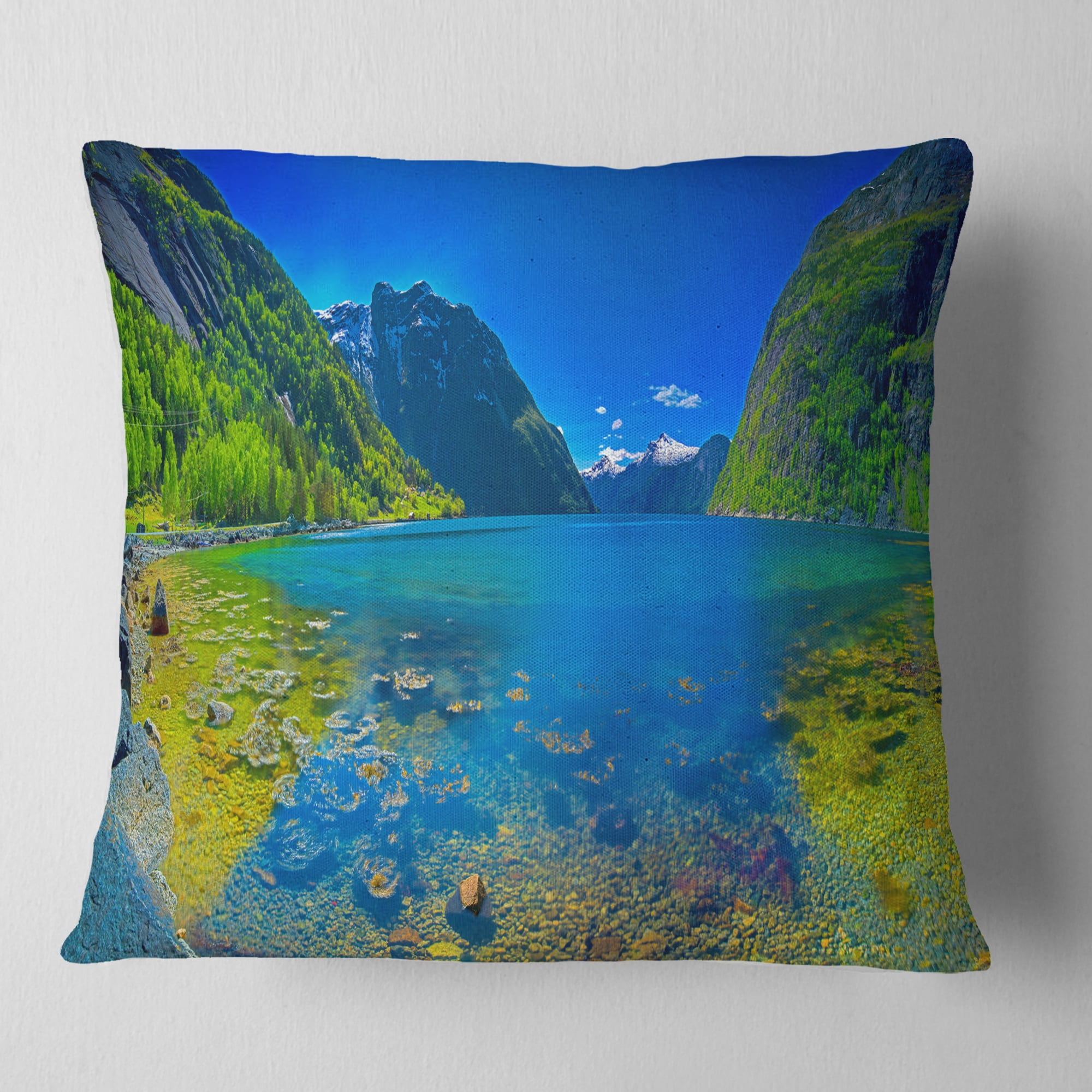 Designart Panoramic View of Norwegian Fjord - Landscape Printed Throw Pillow - 16x16