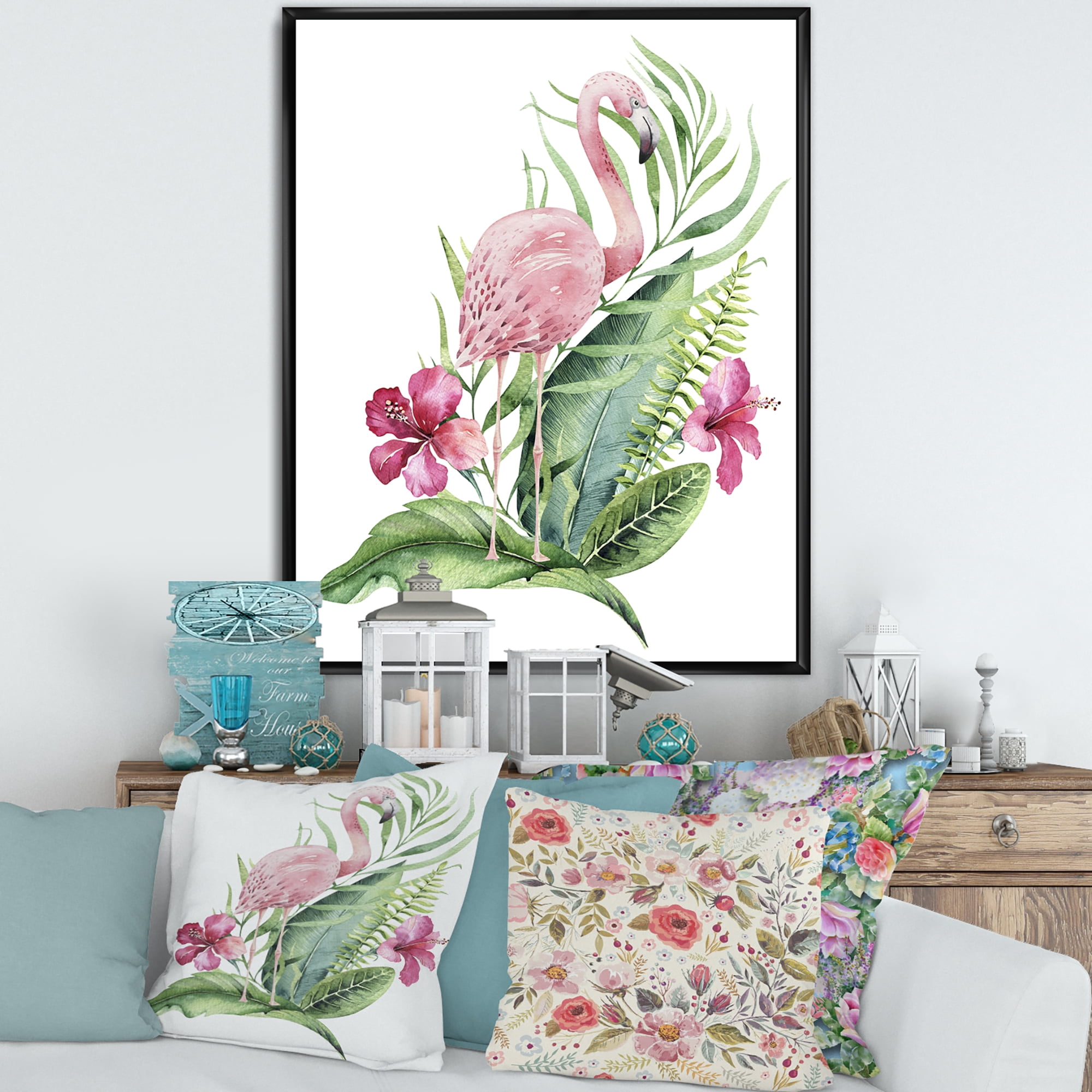 Designart 'Flamingo With Pink Flowers and Exotic Foliage' Traditional Framed Canvas Wall Art Print